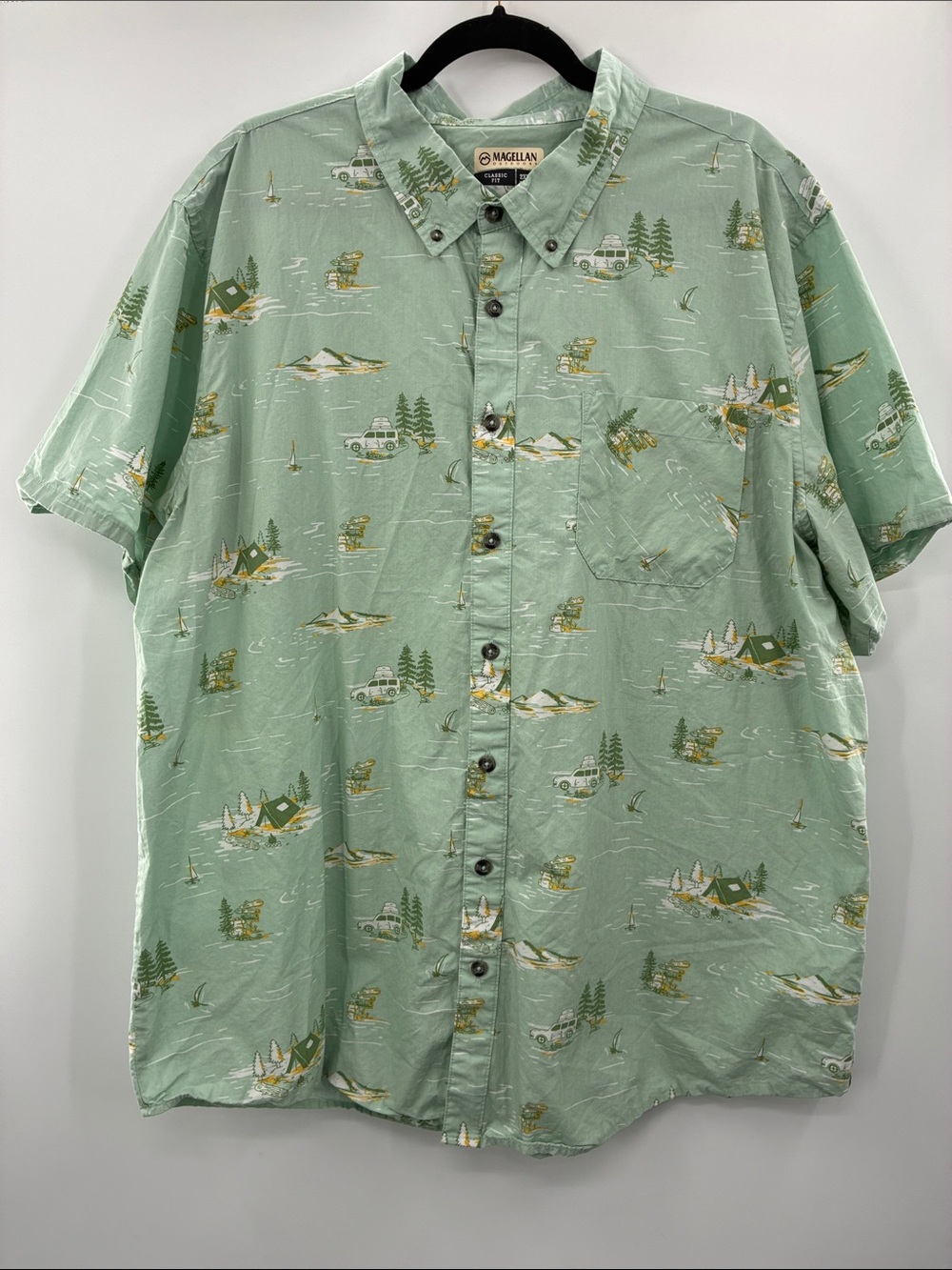 Magellan Outdoors Mint Green Short-Sleeve Camp Scene Button-Up Shirt size 2XL